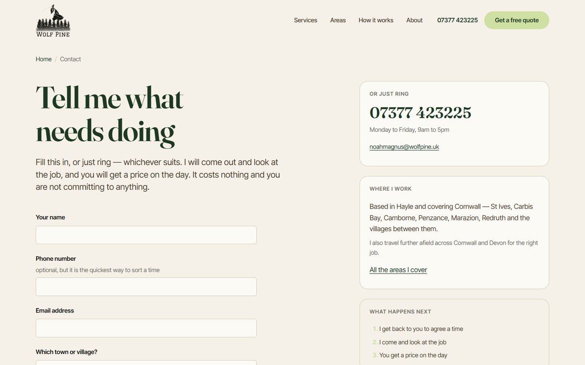 The Wolf Pine contact page: a short enquiry form with name, phone, email, a description field and a photo upload